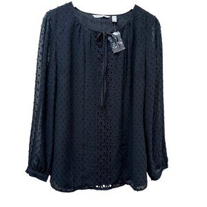 Isaac Mizrahi Live Black Blouse Size 14 Swiss Dot Chiffon Peasant Top NEW